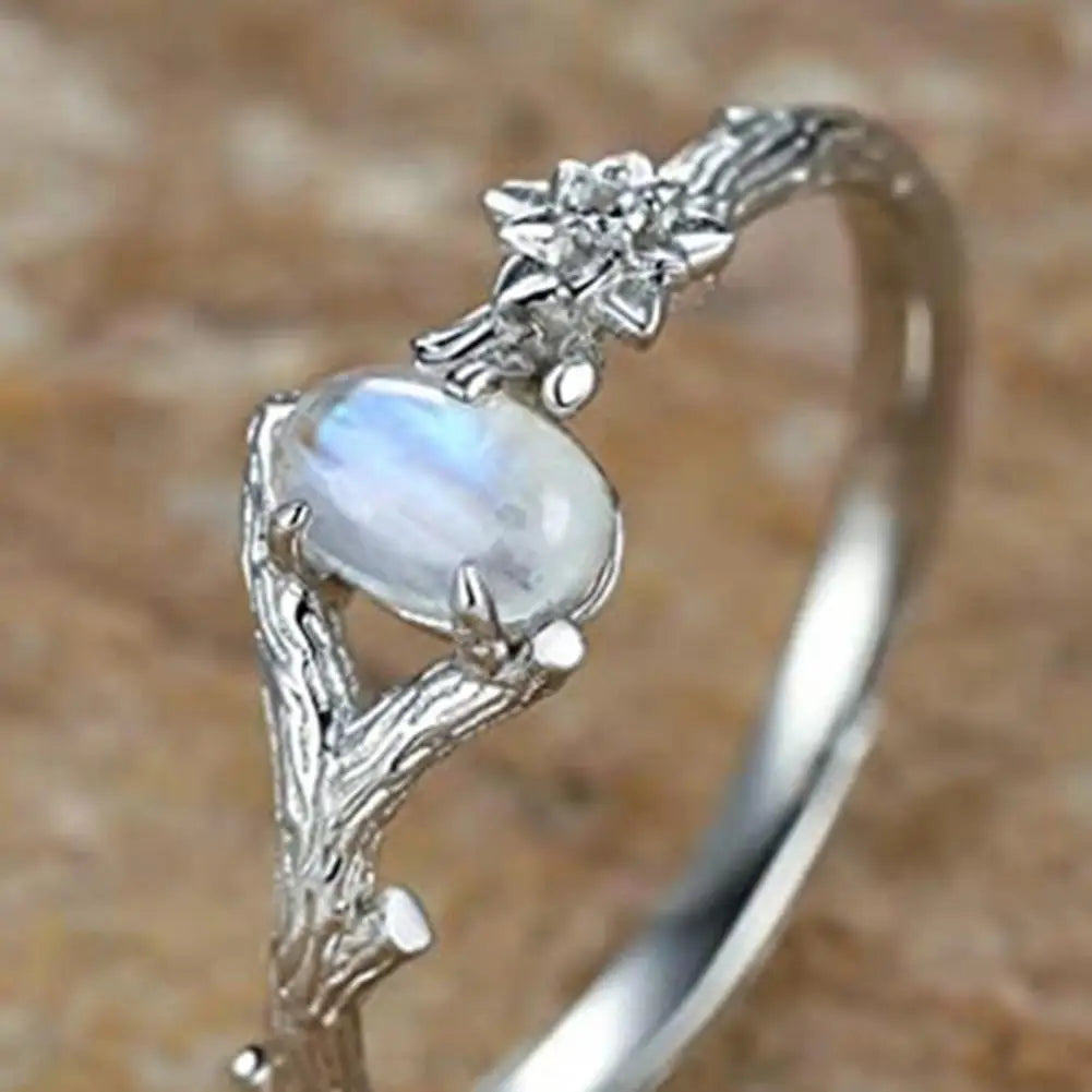 Women Ring Finger Ring Fashion Jewelry Natural Stone Silver Color Engraved Tree Branch Flower Vintage Faux Moonstone Inlaid