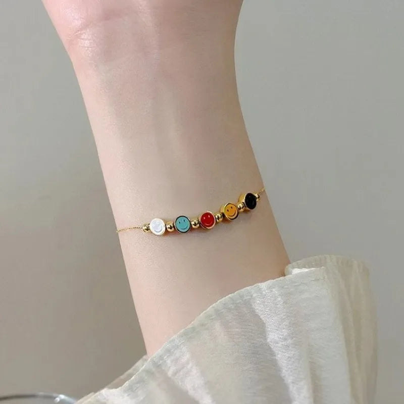 Fashion New Rainbow Smile Face Bracelets for Women Girls Stainless Steel Colorful Chain Jewelry Summer Beach Anklets Gifts 2023