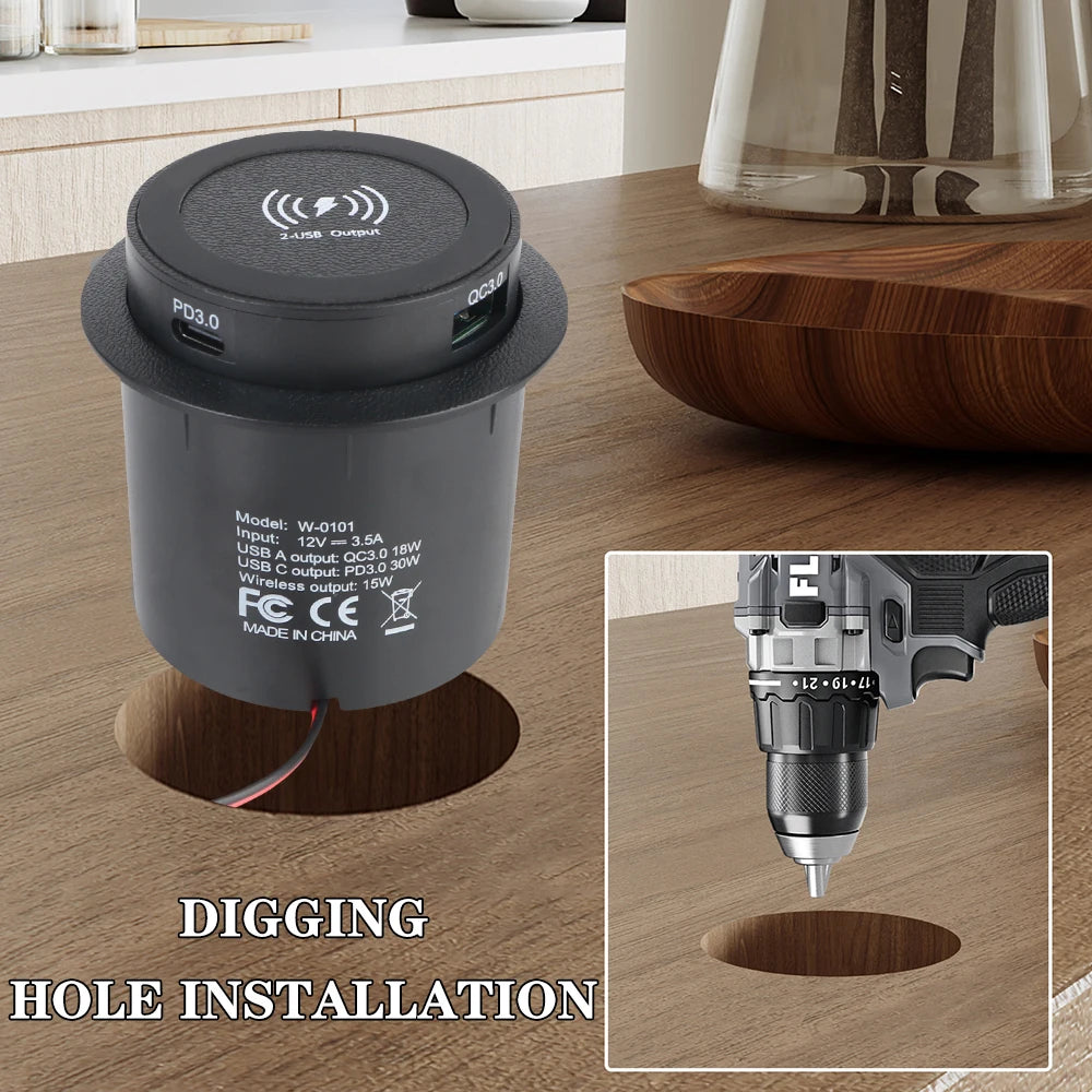 Car Charger Embedded Wireless Charger Outlet Socket For Camper Truck ATV Boat Car RV USB Type-C Quick Charge PD 3.0 15W