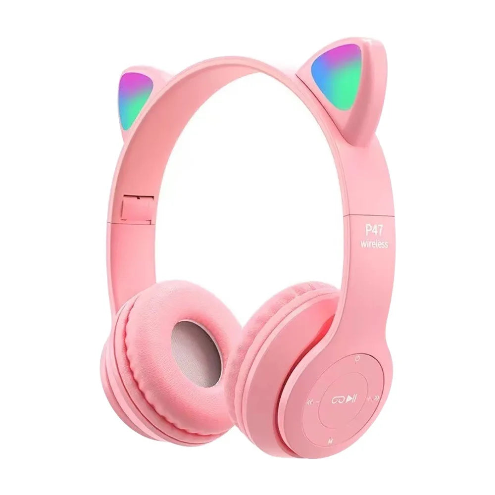 Children Girls Cute Cat Ear Bluetooth Compatible Headset with LED Wireless Headset  Stereo Folding Sports Headset with Microphon