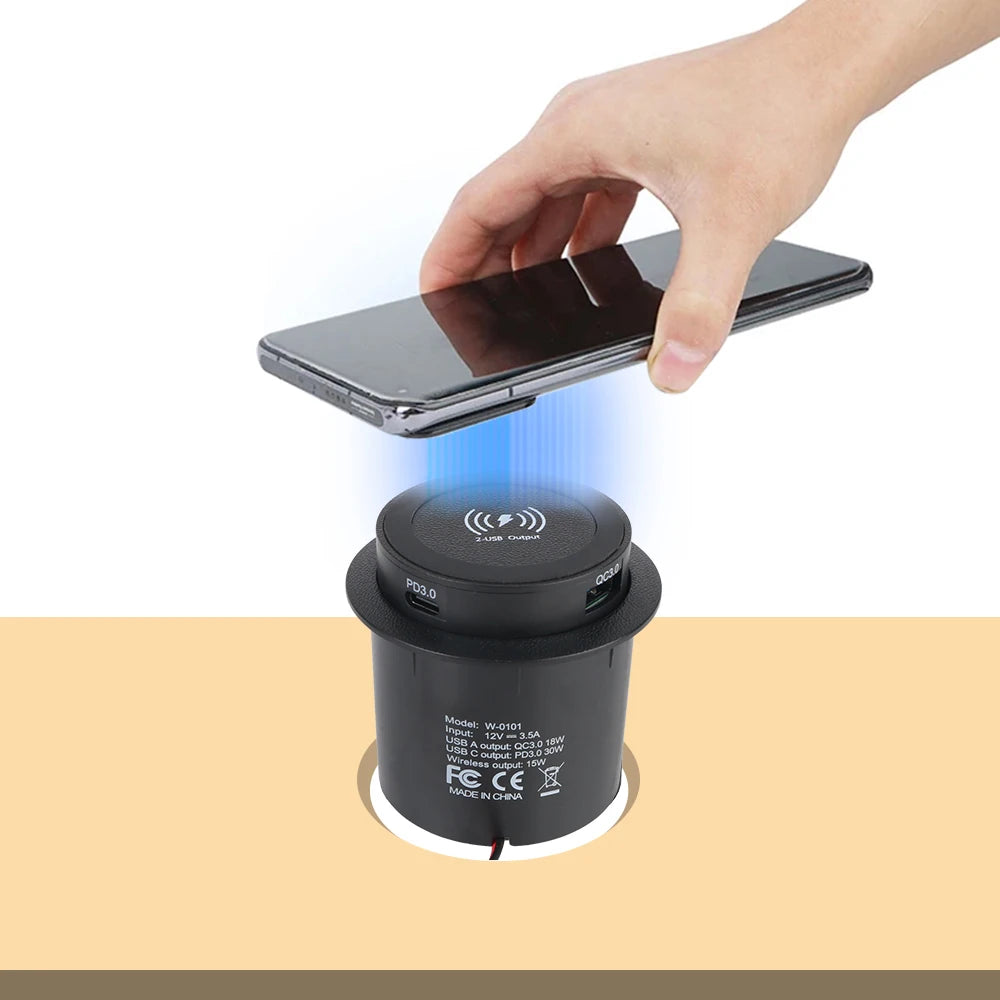 Car Charger Embedded Wireless Charger Outlet Socket For Camper Truck ATV Boat Car RV USB Type-C Quick Charge PD 3.0 15W