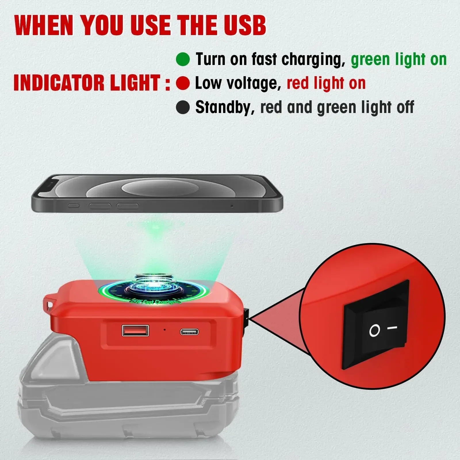 Wireless Phone Charger For Milwaukee 18V Li-ion Battery Phone Charger with USB Port and TYPE C Port Portable Outdoor Power Bank