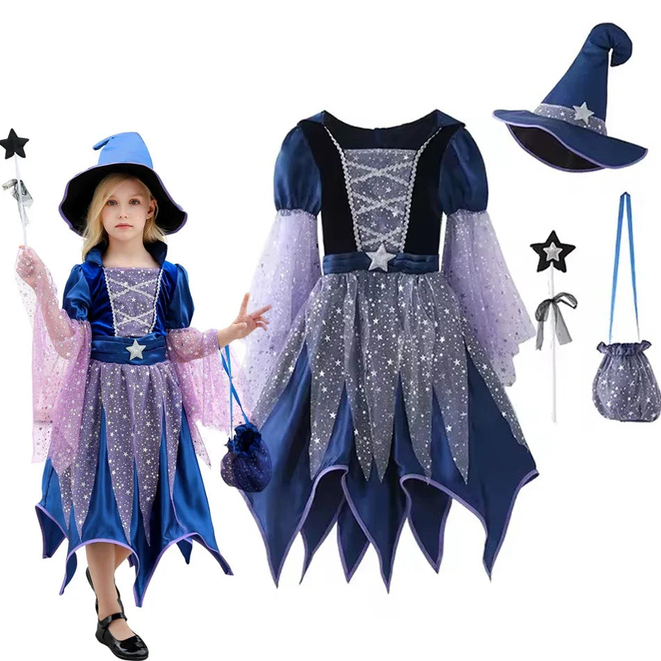 Halloween Party Costumes Witch Dress for Girls Kids Carnival Witch Costume Cosplay Dress Bag Hat Wand Suit