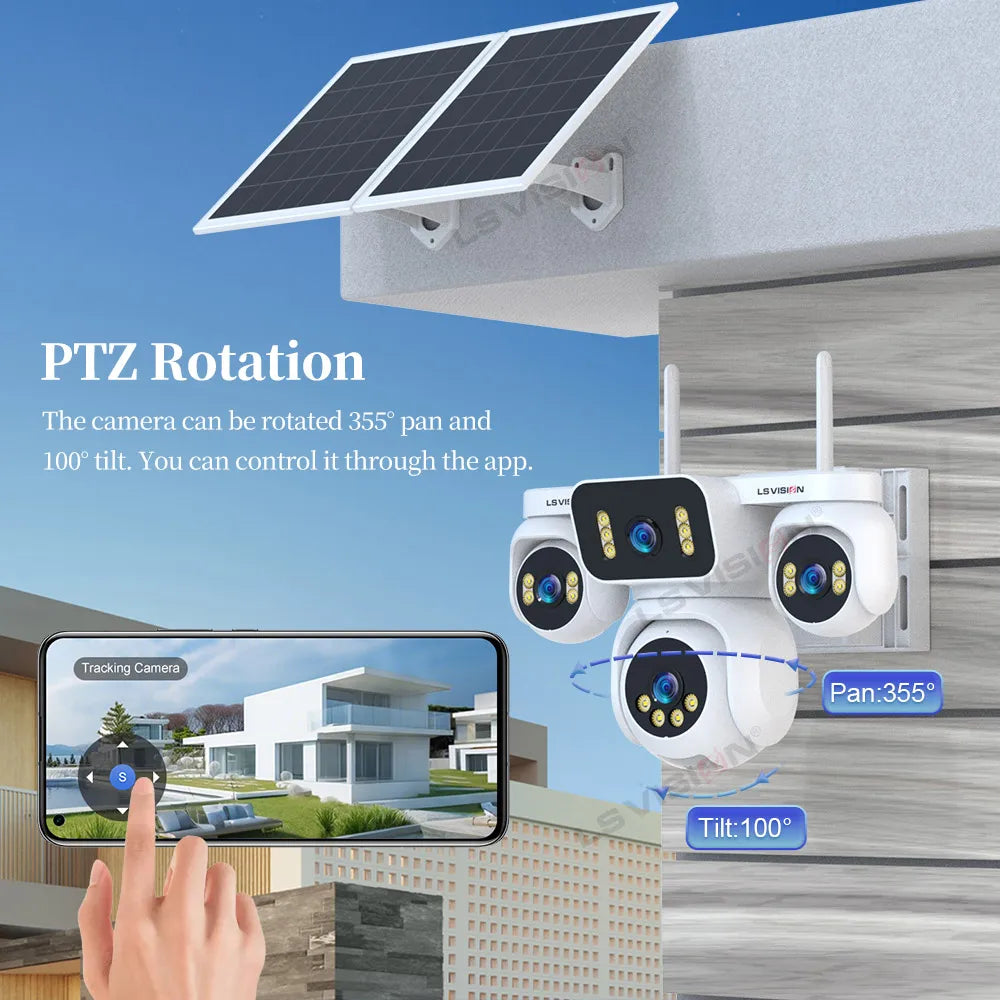 LS VISION 10K AOV 4G LTE Solar Camera Outdoor Security Camera 12X Zoom 24/7 AOV Recording Four Lens Auto Tracking Human Motion