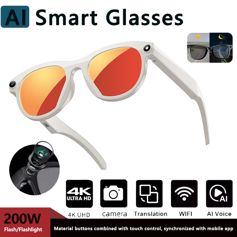 NEW Smart Glasses 200W HD Camera Photo Video Real-time Translation Al Image Recognition Flash lamp Flashlight BT Call AI Glasses