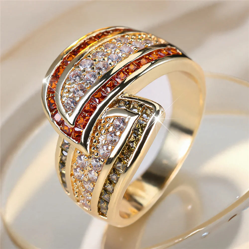 Cute Female Red Crystal White Zircon Stone Gold Color Wedding Jewelry Promise Engagement Wheat Rings For Women