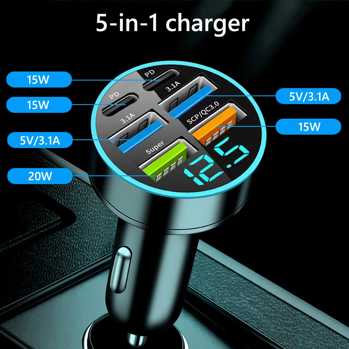 USB C Type C Car Charger 6 Ports USB Super Fast Charging Phone Charging Voltage Detection Digital Display Mobile Phone Charger