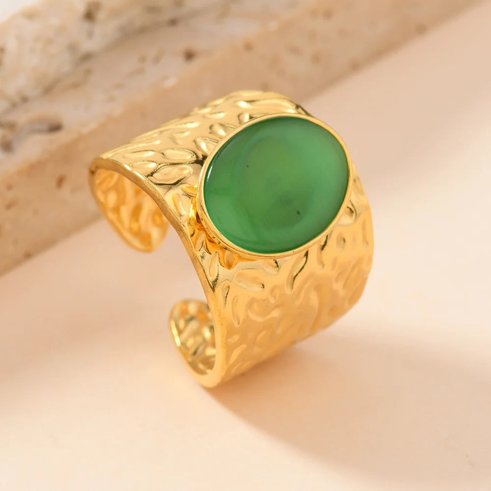 Fashion Stainless Steel Round Natural Stone Green Turquoise Malachite Geometric Ring Women Bohemian Vintage Jewelry