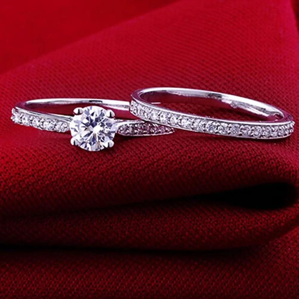 2Pcs/Set Ring Shiny Cubic Zirconia Plated Silver Romantic Couple Finger Ring for Wedding