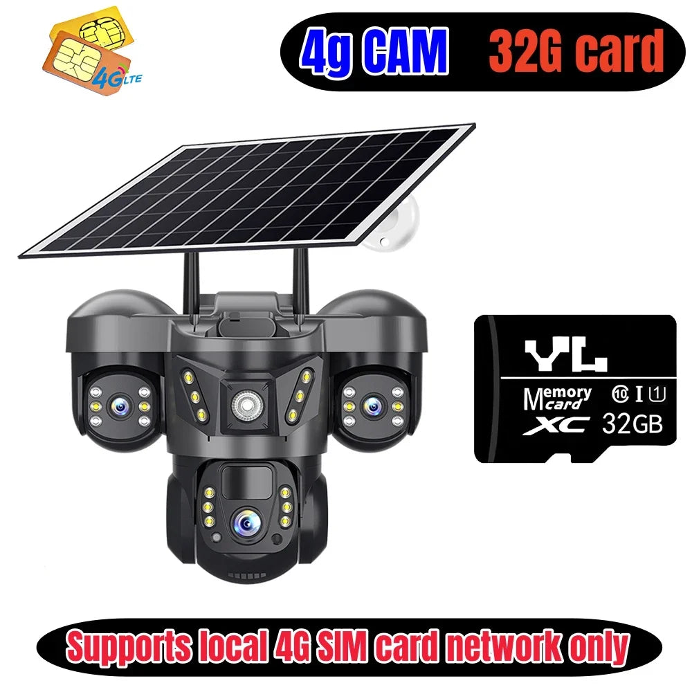 15MP Triple Lens PTZ 10X Zoom Solar Camera Outdoor Triple Screen 4G SIM Secure 360° Auto Tracking Smart Home Wireless CCTV Cam