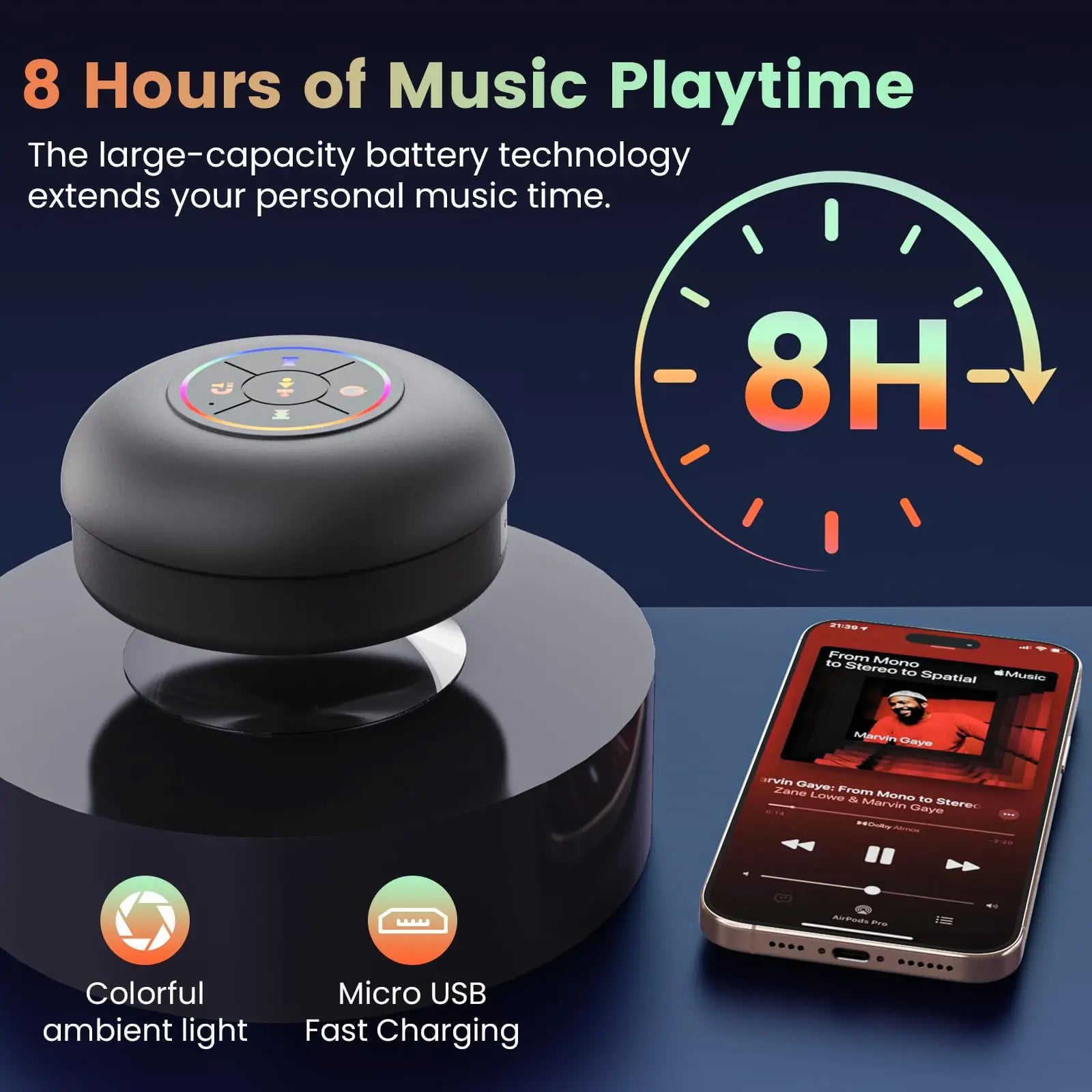 Waterproof Bluetooth Speaker with Colorful LED Lights, Strong Suction Cup & Phone Holder, Portable Mini Speaker for Outdoor/Show