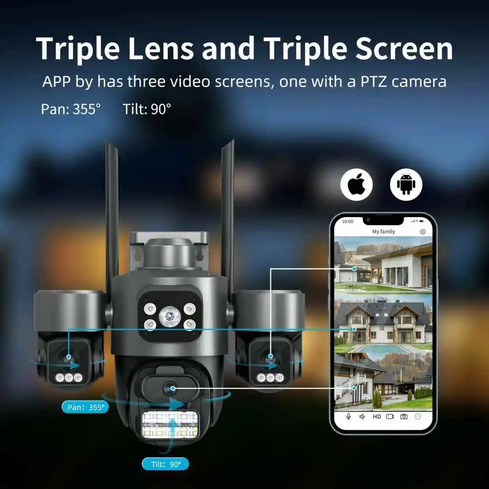 ICsee 6K HD Triple Lens PTZ Outdoor Security Camera 12MP Auto Tracking WiFi CCTV Camera with 3 Screens Night Vision Waterproof