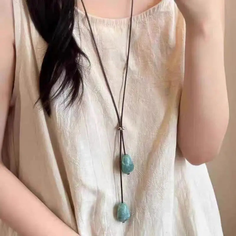 Long Oval Pendant Necklace New Chinese Style Simple Vintage Zen Fashion Design Jewelry Accessory