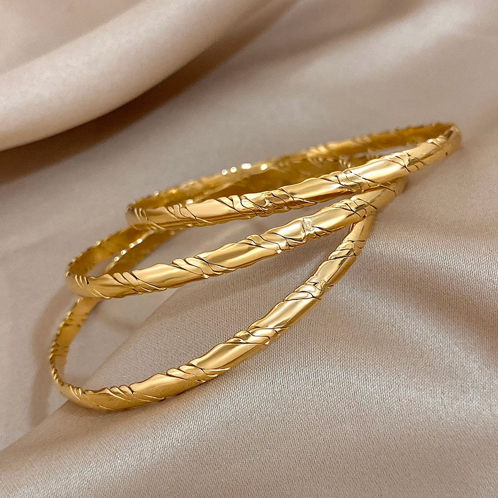 3pcs Gold Plated Twist Stainless Steel Bangle Bracelet for Women Tibetan Buddha Stacked Wristband Bracelets Waterproof Jewelry