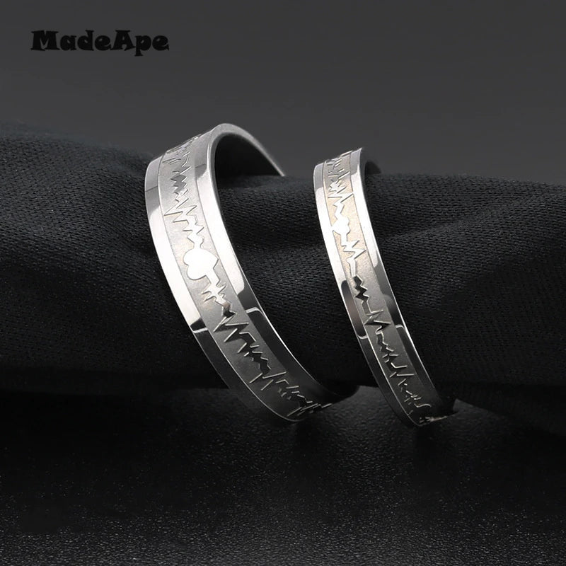 MadApe ECG Couple Ring Gold Color Titanium Stainless Steel Width 6mm Women Weddding Ring For Women Men Engagenemt Ring Jewelry