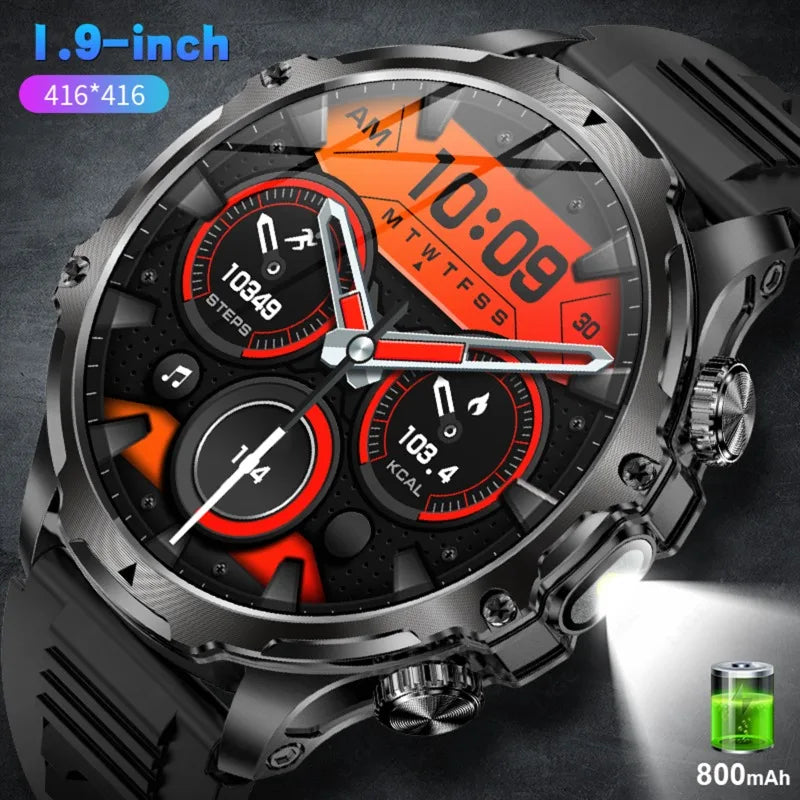 2025 New 1.9inch Men Smart Watch Flashlight Outdoors Sports Fitness Tracker 800mah Large Battery IPX8 Waterproof LED Smartwatch