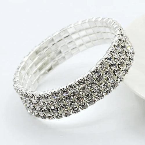 1-5 Rows Rhinestones Crystal Stretch Bracelet Round Cubic Zirconia Tennis Bracelet Silver Color Women Wristband Elastic Bangles
