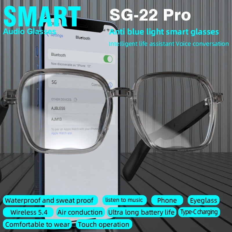 SG22 Smart Glasses, Blue Light Blocking, Fashion Transparent Frame, 8-Hour Music Playback, Unisex Daily Wear 80+80mAh Bettary