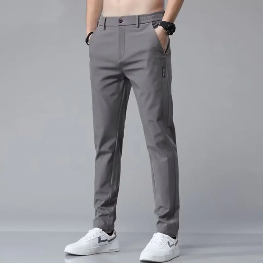 Men's casual pants, semi elastic waistband, nylon ice silk elastic straight tube, light gray, business gentleman, summer casual