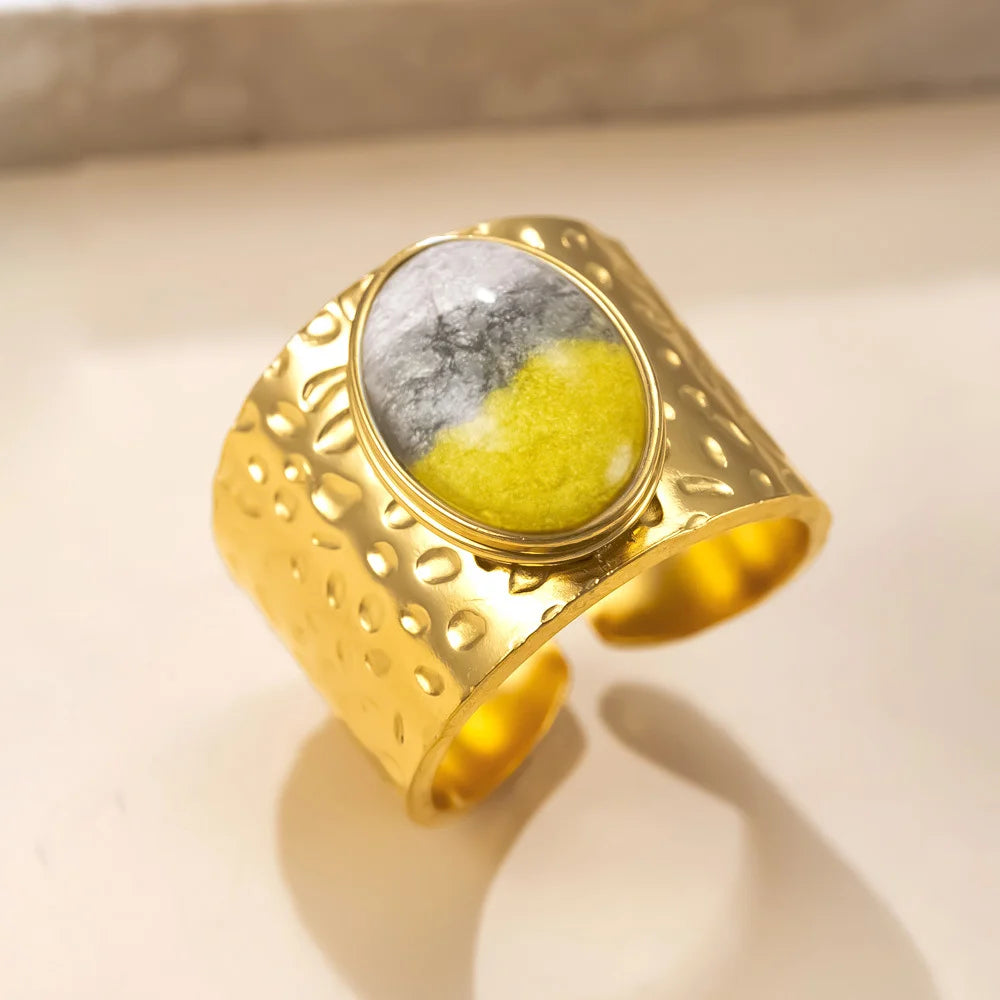 Fashion Stainless Steel Round Natural Stone Green Turquoise Malachite Geometric Ring Women Bohemian Vintage Jewelry