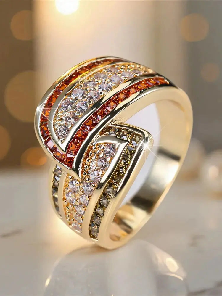 Cute Female Red Crystal White Zircon Stone Gold Color Wedding Jewelry Promise Engagement Wheat Rings For Women