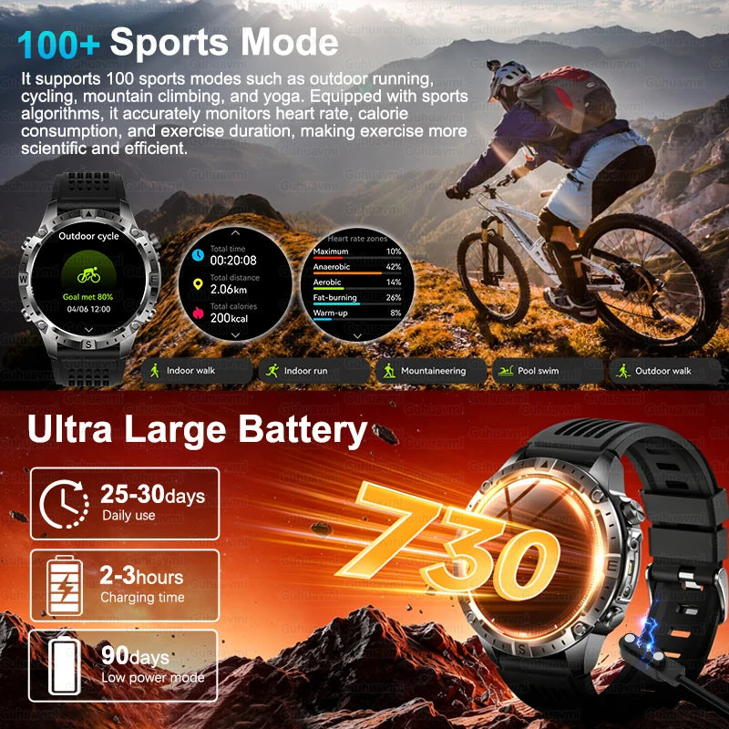 Dual-Band GPS Smart Watch Men Tactical Military Grade 1.43" AMOLED Offline Map 100+Sports 3ATM Waterproof 730mAh Battery Watches