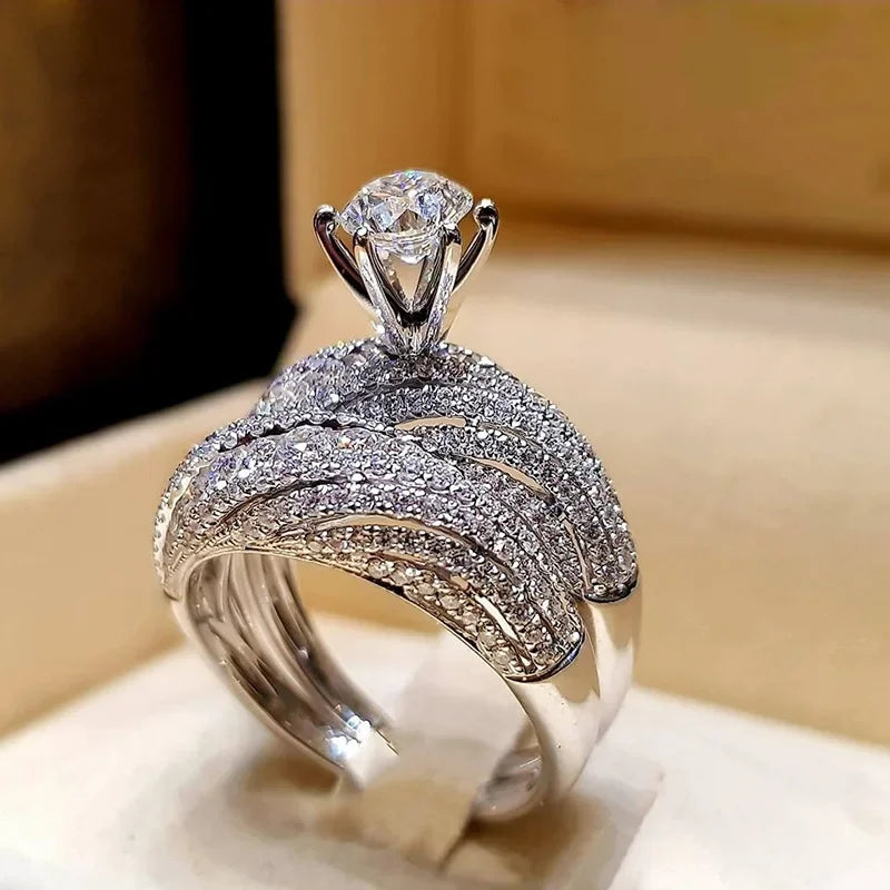 2PCS/Set Milangirl Trendy Crystal Ring Set Wedding Rings Women Geometric Luxury White Bridal Rings Jewelry Ladies Party