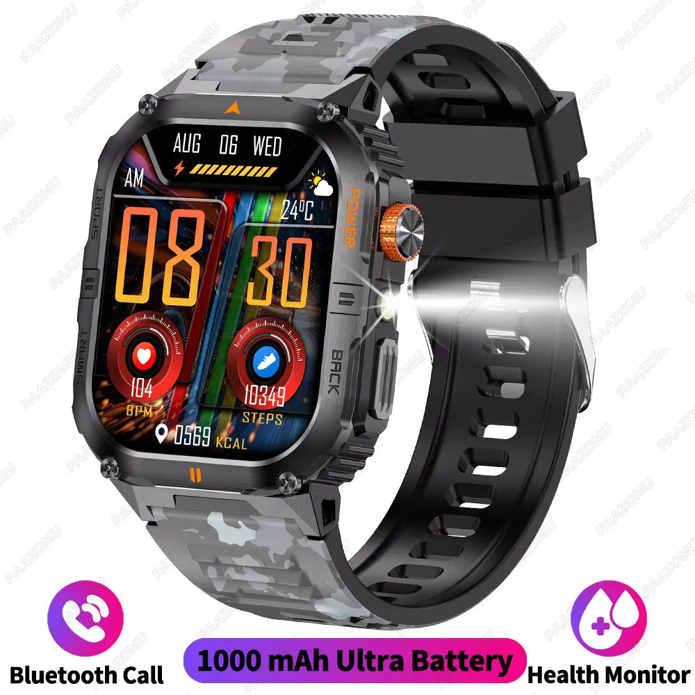 Outdoor Smart Watch for Men 1200mAh Battery LED Flashlight BT Calls Heart Rate 100+ Sports Modes Fitness Tracker for Android/iOS