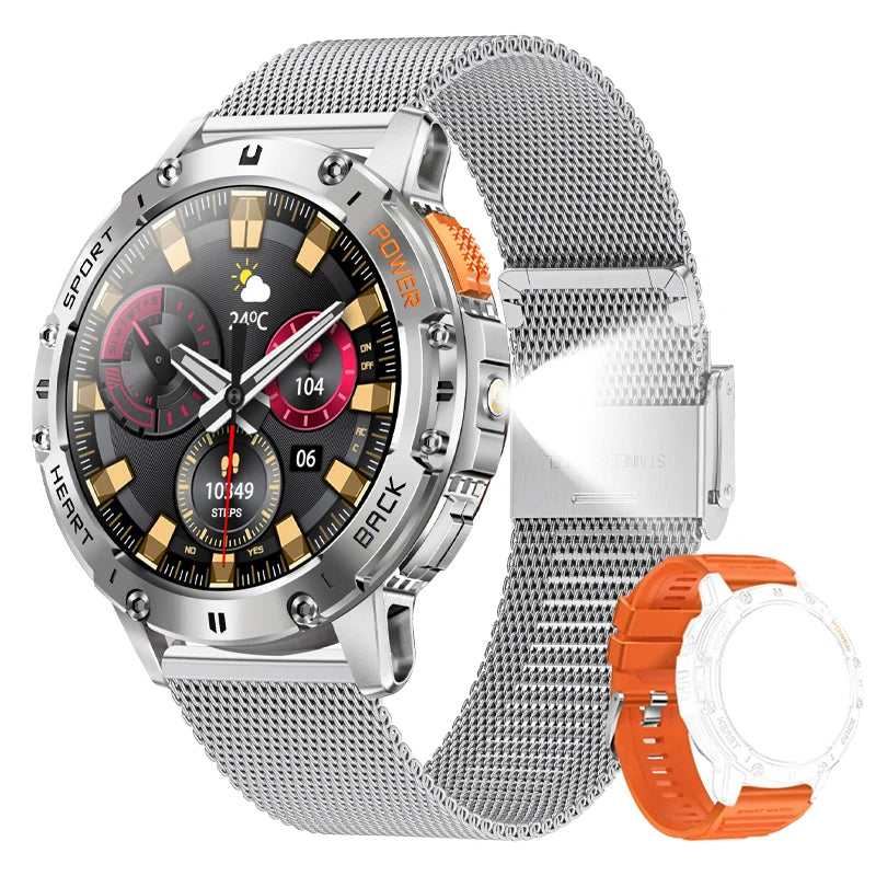 For Android ios New AMOLED Smart Watch Men with Flashlight Sports Waterproof Fitness Tracker Bluetooth Call Smartwatch Man+Box