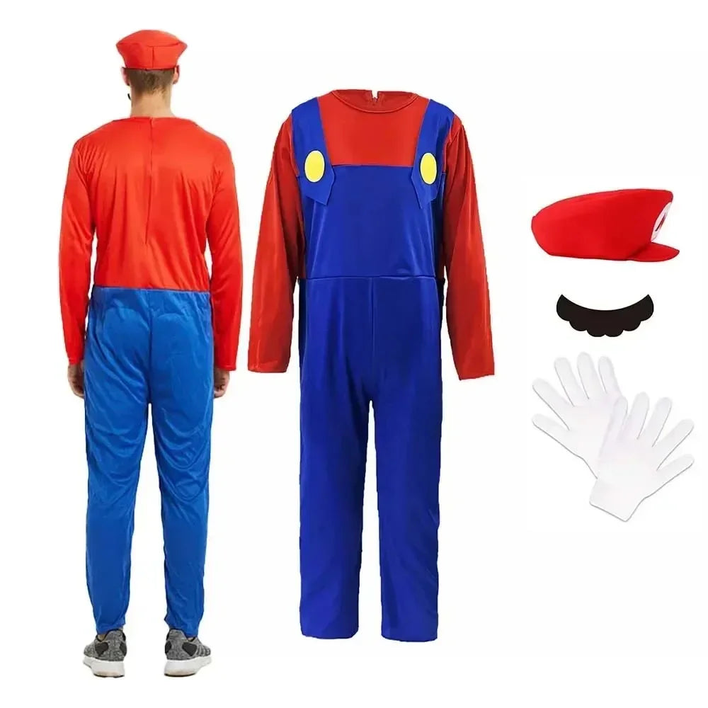 Halloween   Plumber Bros Cosplay Costumes Funny Halloween Carnival Outfits for Men Women Fancy Jumpsuit with Hat Mustache Gloves