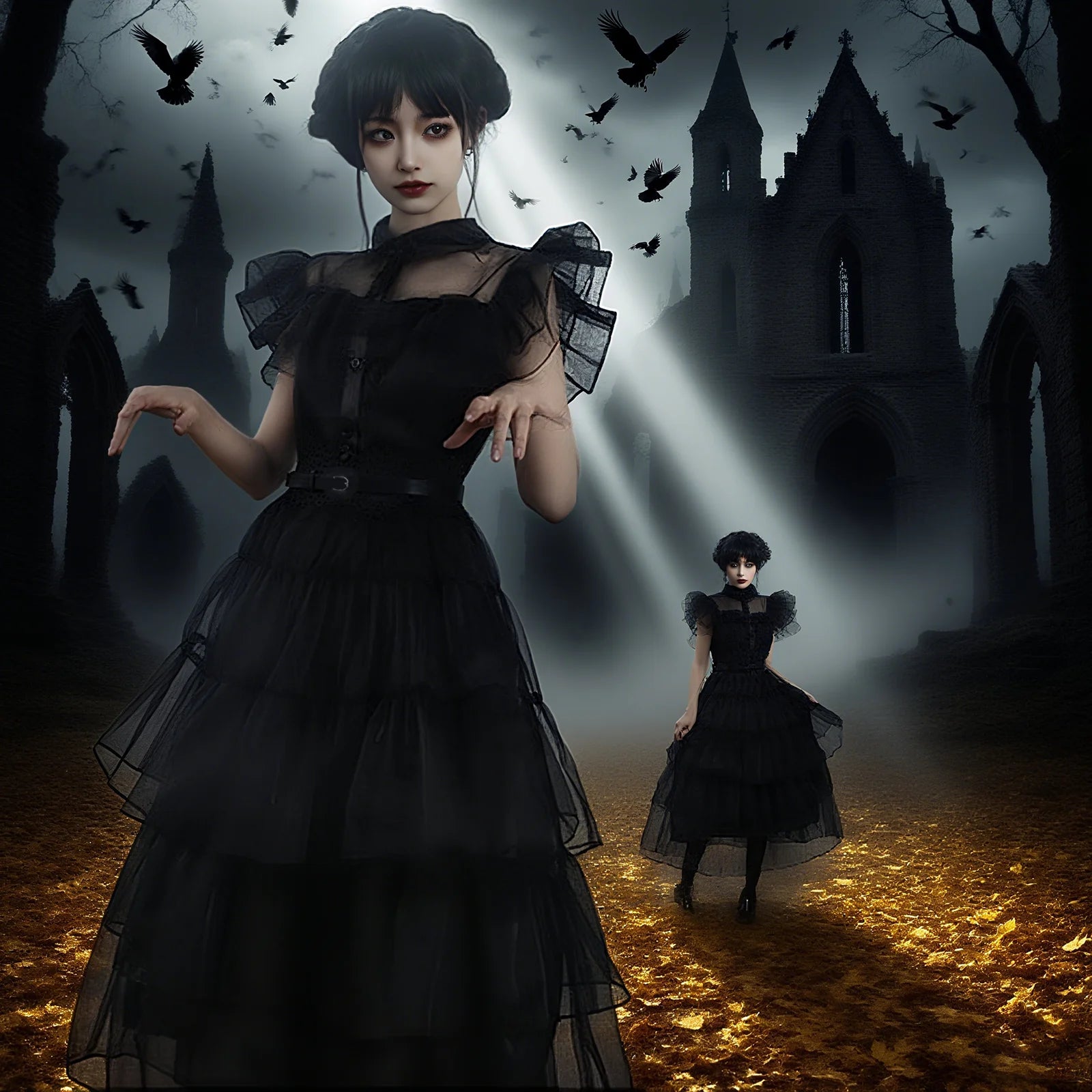 Halloween costume, family role-playing party, Gothic layered lace edge dress, dress with belt