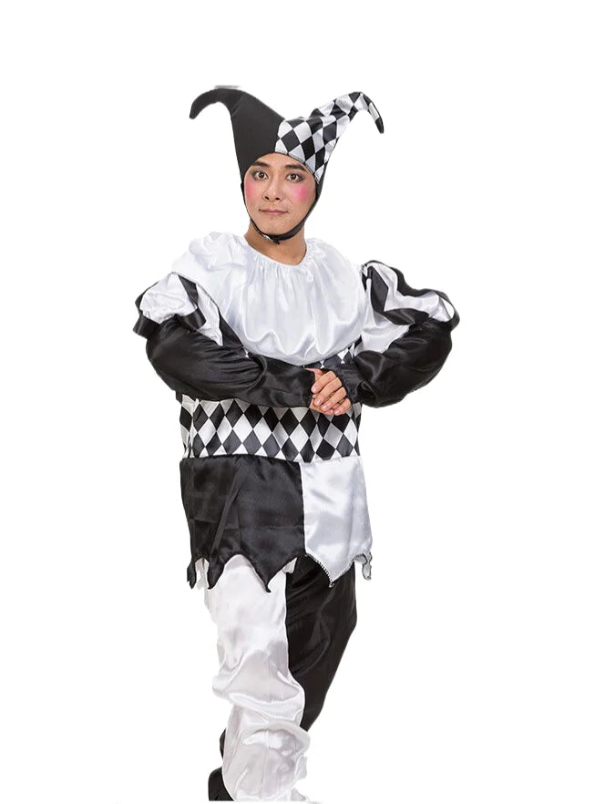 Halloween Carnival Costumes Funny Fun Cosplay Black and White Splicing Clown Costume with Hat for Man Women Innovative Set