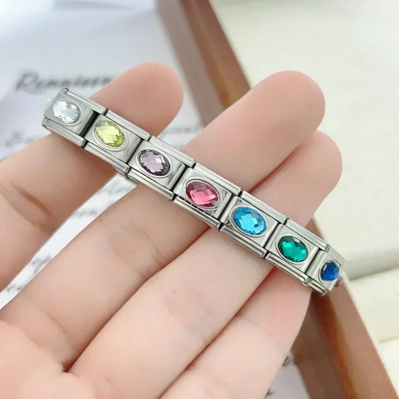 NEW Ellipse 12 Birthstones Italian Charm Stainless Steel Links Fit 9mm Modular Bracelet DIY Jewelry Wholesale