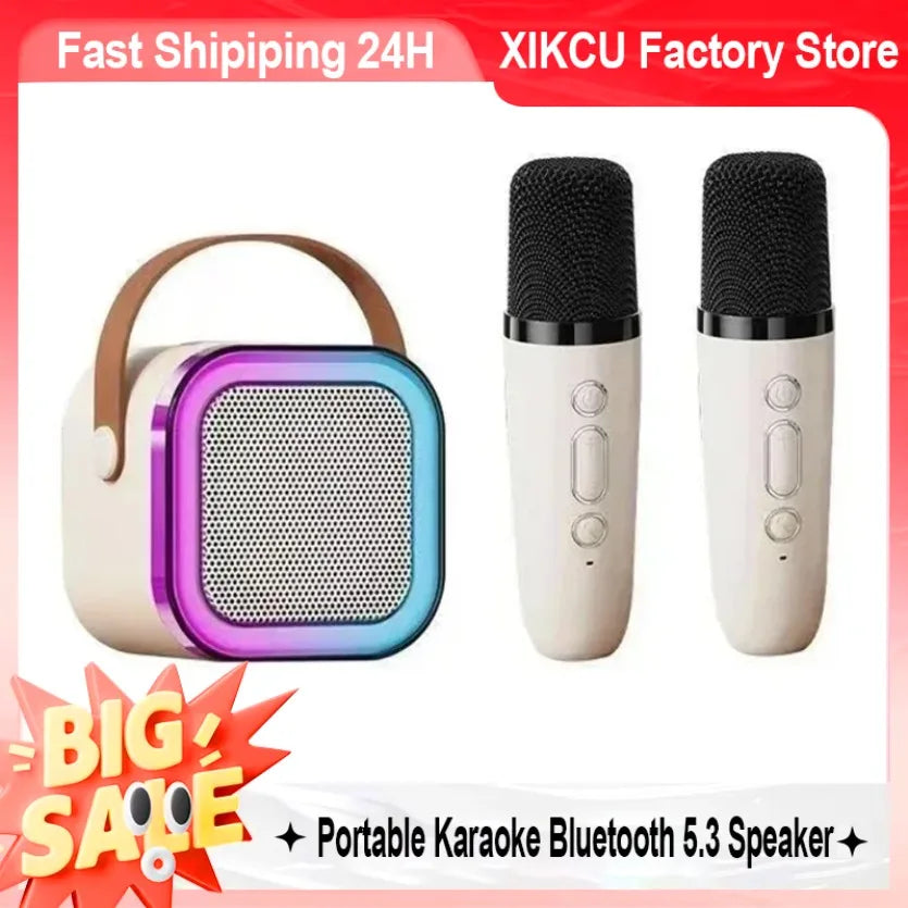 XIKCU Portable Karaoke Bluetooth 5.3 Speaker Machine PA System with 2 Wireless Microphones Home Family Singing Children's Gifts