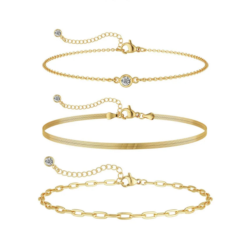 3pcs 14K Gold Plated STAINLESS Waterproof Bracelet Sets for Women Girls Snake Chain Cuban Link Cuff Bangle Stackable Bracelets