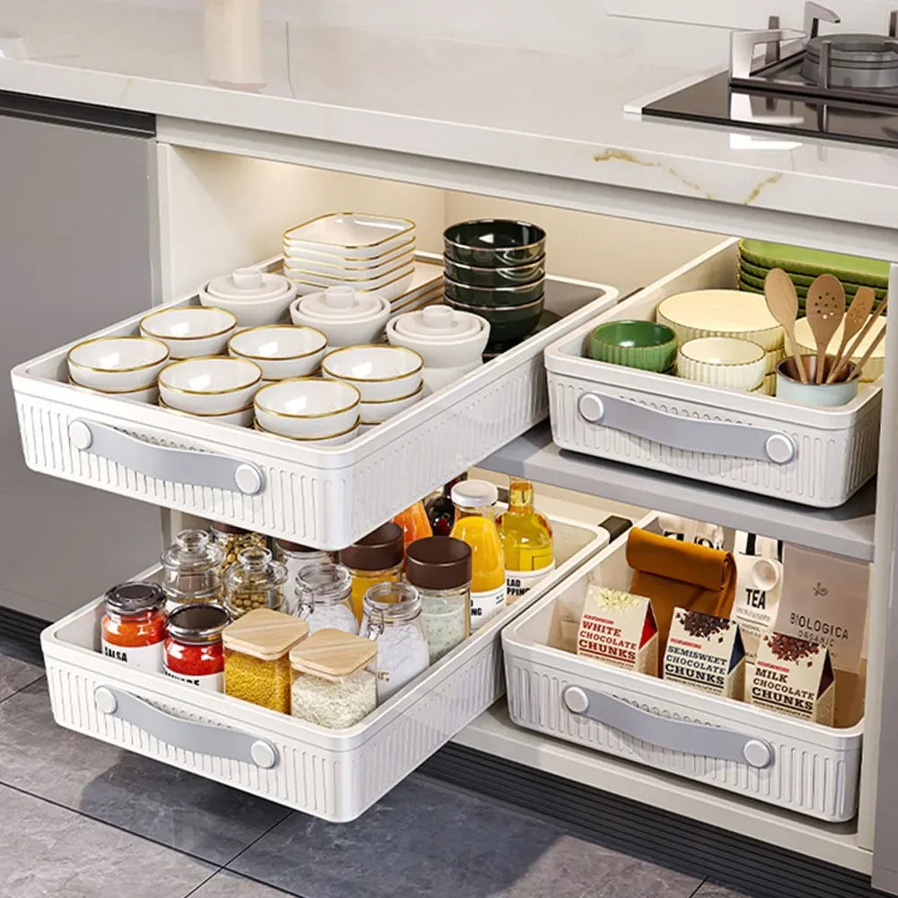 Kitchen Sliding Cabinet Shelf with Slide Rails Drawer Pull Out Storage Tray Spice Rack Bowl Dish Shelf Pantry Kitchen Organizer