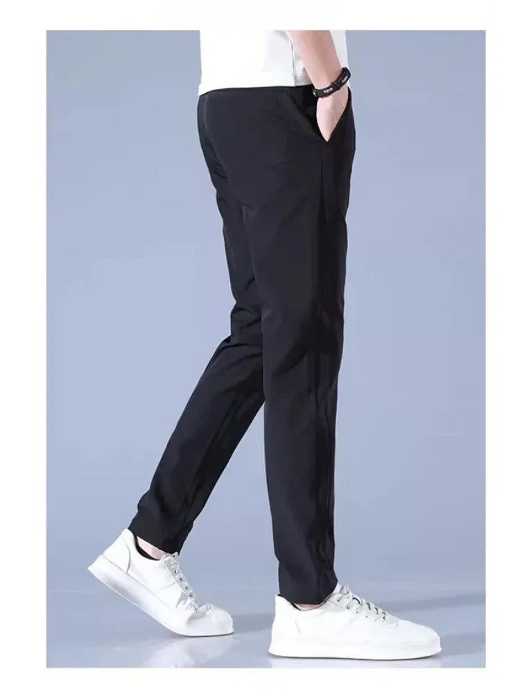 2025 New Summer Ultra-thin Men's Casual Pants Breathable Soft Ice Silk Elastic Straight Business Trousers Black Gray