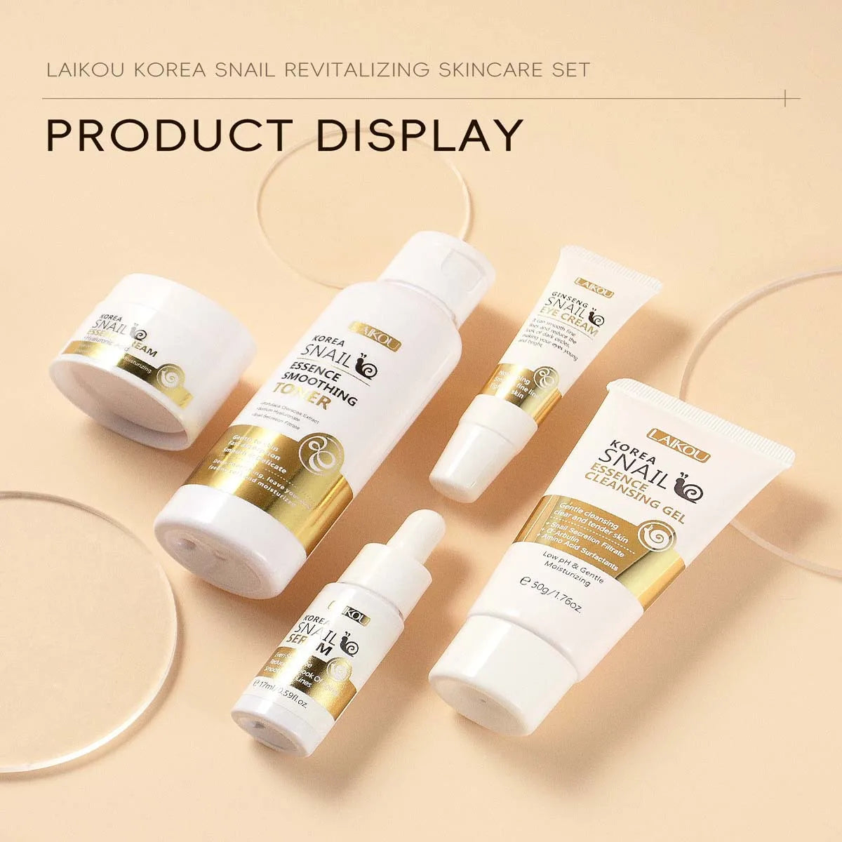 LAIKOU Snail Skin Care Five-piece Facial Treatment Cleansing gel Toner Essence Eye cream Essence Cream Improve Elasticity