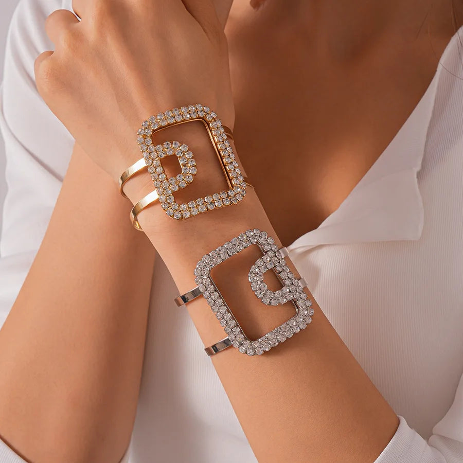 Fashion Metal Square Inlaid Rhinestone Bangles for Women Party Trendy Korean Delicate Bracelet Luxury Designer Jewelry Gifts