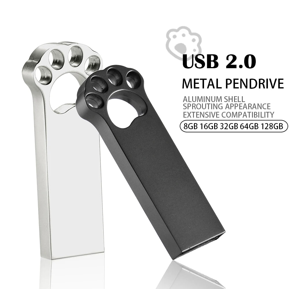 Beautiful Cat's Paw Metal USB Flash Drive 128GB Not Logo Memory Stick 64GB 100% Real Capacity Pendrive 32GB Creative Gift