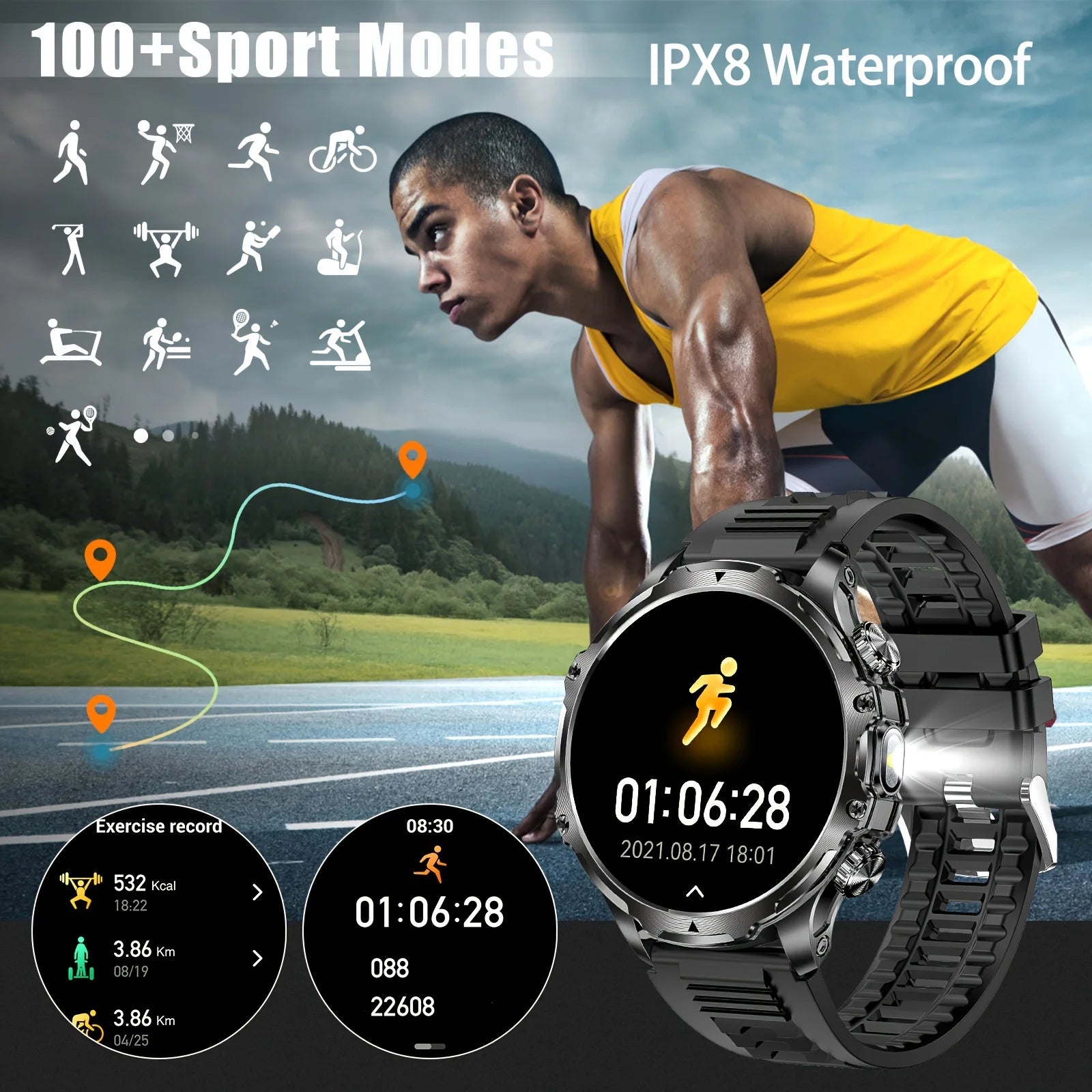2025 New 1.9inch Men Smart Watch Flashlight Outdoors Sports Fitness Tracker 800mah Large Battery IPX8 Waterproof LED Smartwatch