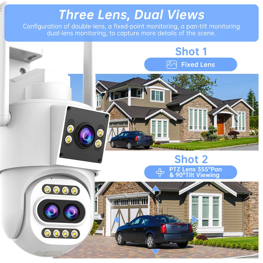 JOOAN 4K 8MP WiFi Surveillance Camera Outdoor Three-Lens Dual Screen Opticial Zoom PTZ IP Camera Auto Tracking CCTV Security Cam