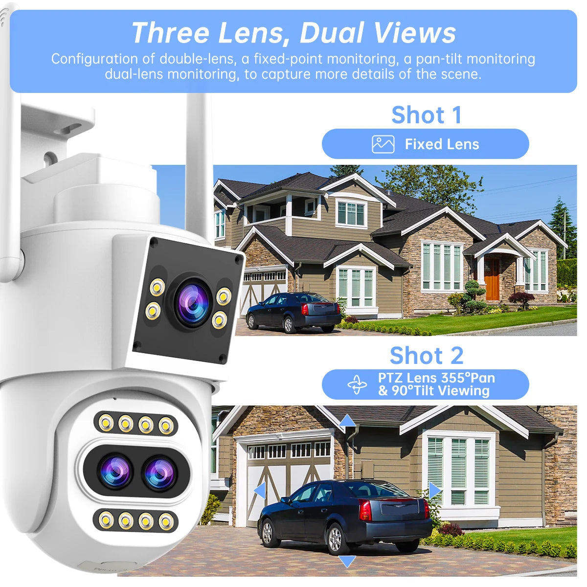 JOOAN 4K 8MP WiFi Surveillance Camera Outdoor Three-Lens Dual Screen Opticial Zoom PTZ IP Camera Auto Tracking CCTV Security Cam