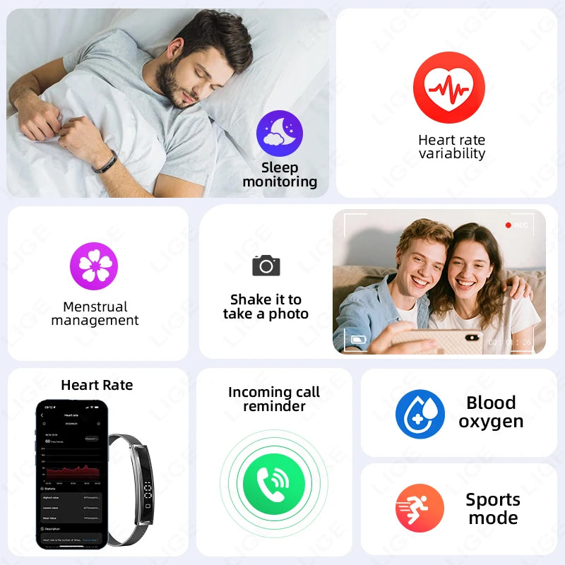 LIGE Smart Bracelet Sport Fitness Tracker Heart Rate Blood Oxygen Sleep Stress HRV Monitor Watches Step Counting Smartwatch Band