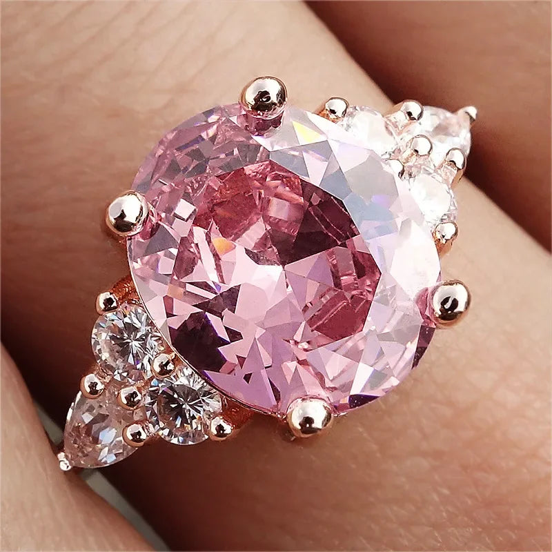 Pink Zircon Big Oval Stone Ring Female Shining Crystal Engagement Rings for Women Vintage Rose Gold Silver Color Wedding Jewelry