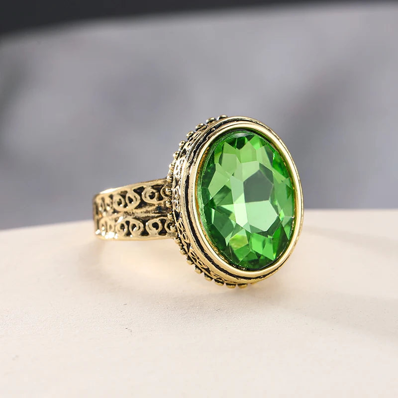 Vintage Peridot Quartz Glass Filled Rings for Women Flower Pattern Ring Fashion Creative Design Handmade Wedding Party Jewelry