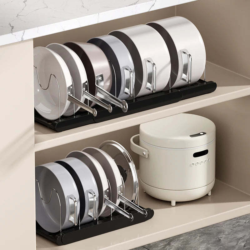 Kitchen Retractable Pot Rack Storage Rack Cabinet Built-In Pot Rack under the Sink Pot Rack Adjustable Pot Storage Rack