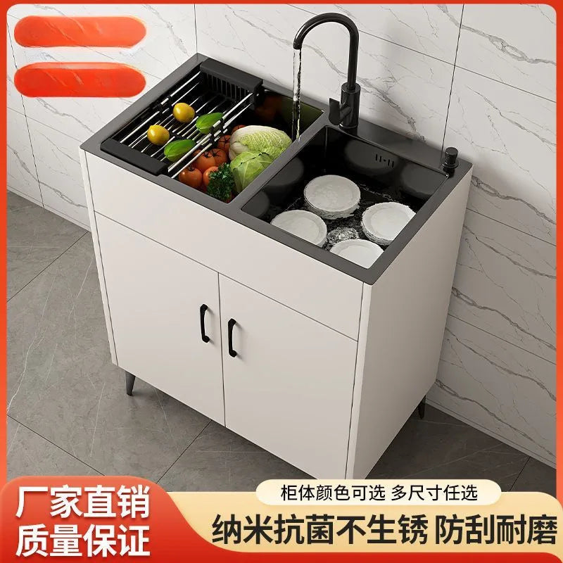 Kitchen Cabinet Stainless Steel Vegetable Wash Basin Sink Cabinet Single Double Sink With Faucet Office Wash Basin Integrated