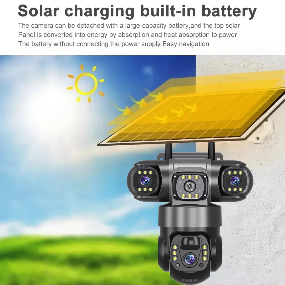 Solar Camera 4G Sim Outdoor 3 Lens 3 Screen 10X Zoom PIR Human Detect Cameras Waterproof Night Vision CCTV Security Protection