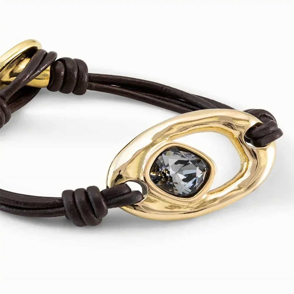 Sparkling Soft Leather Rope Gold Irregular Square Gray Crystal Bracelet in Summer, Women's Accessory, Gift for Friends' Banquets